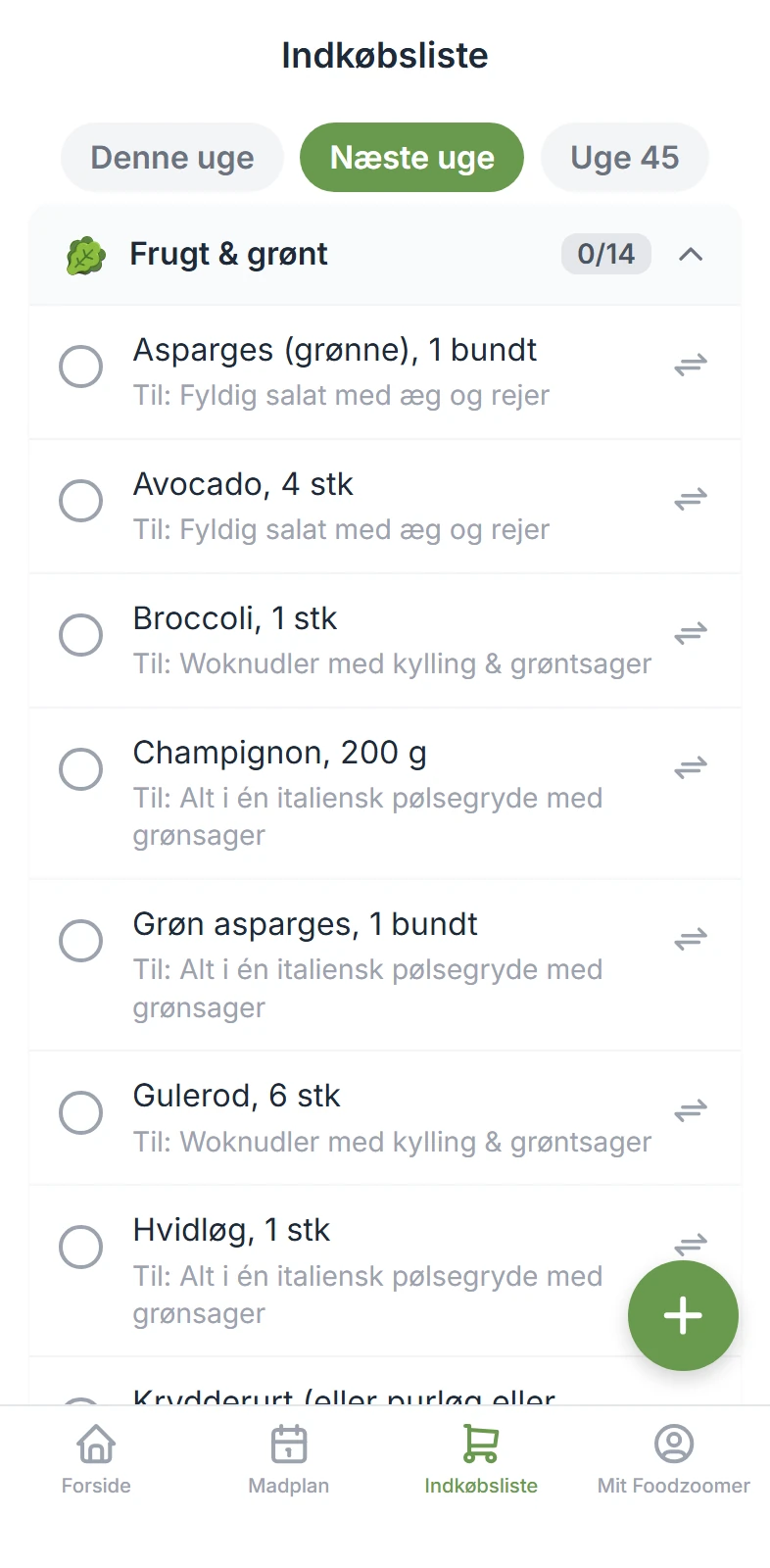 Indkøbslisten i appen med varer fra ugens retter