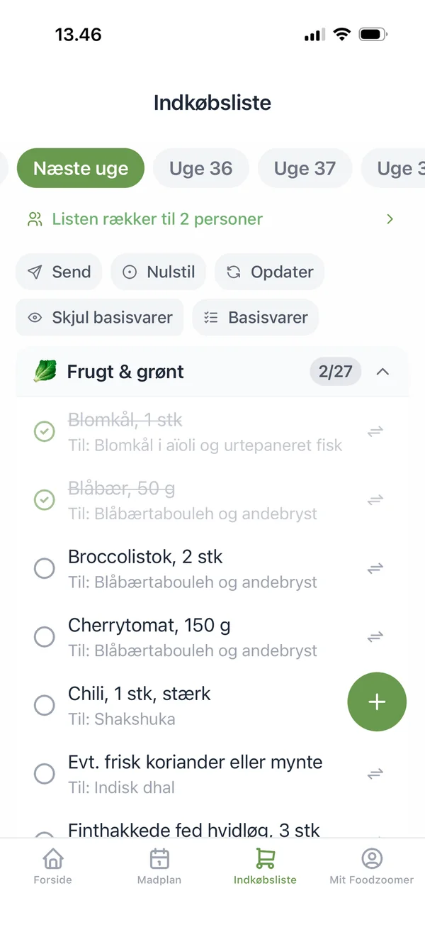 Indkøbslisten i Foodzoomer, hvor hver vare viser hvilken ret den hører til.