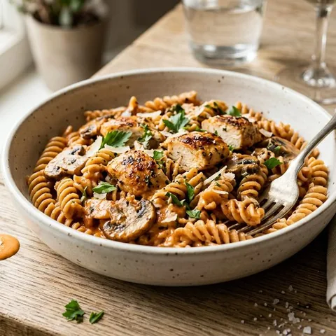 Pasta med kylling, svampe og tomat